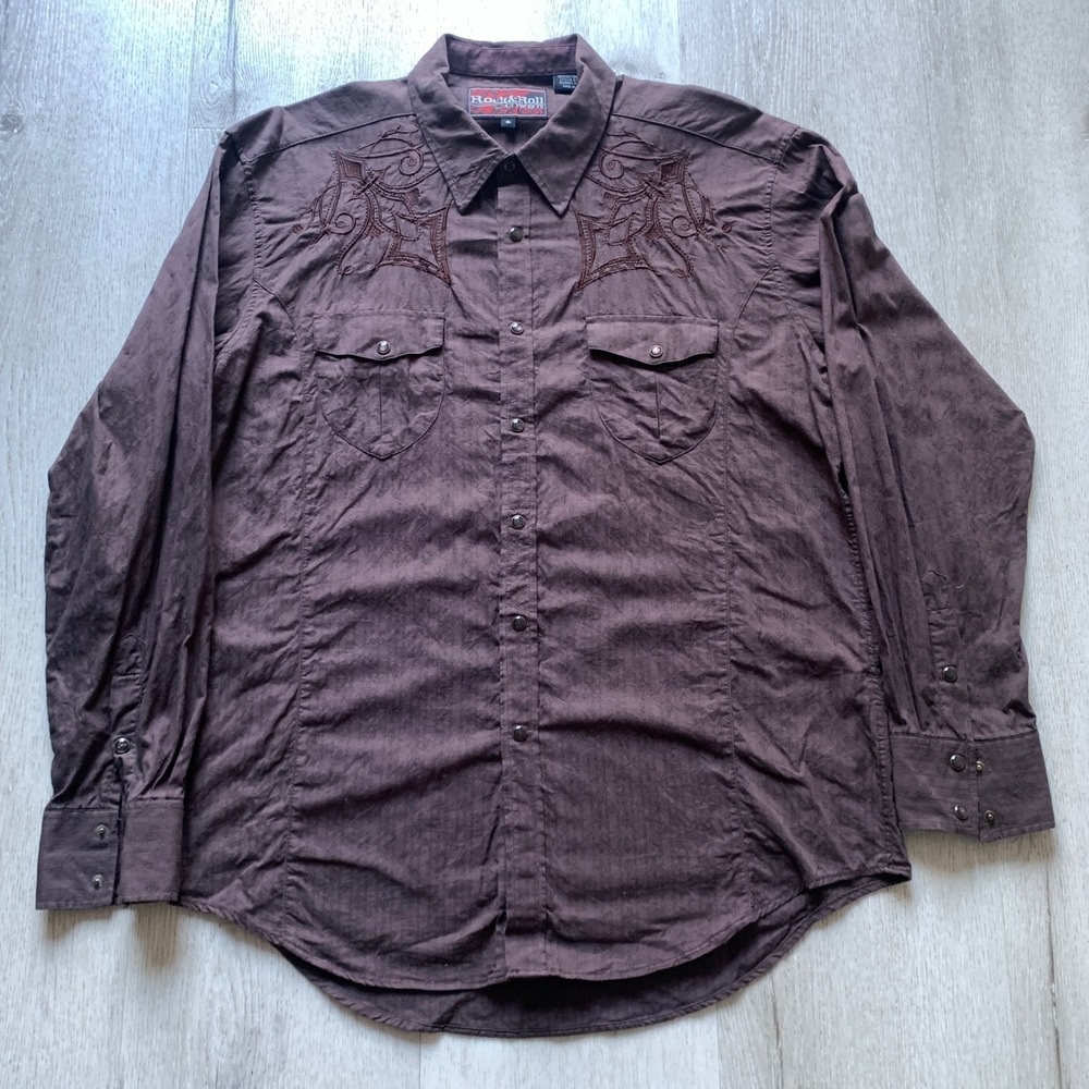 Rock & Roll Cowboy Men's XL‎ Brown Embroidered Pearl Snap Western Cowboy Shirt